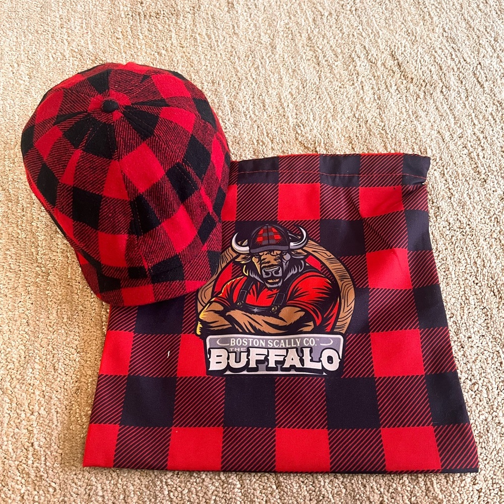 New, never worn Boston Scally Co. Buffalo Plaid baker boy Cap and Bag